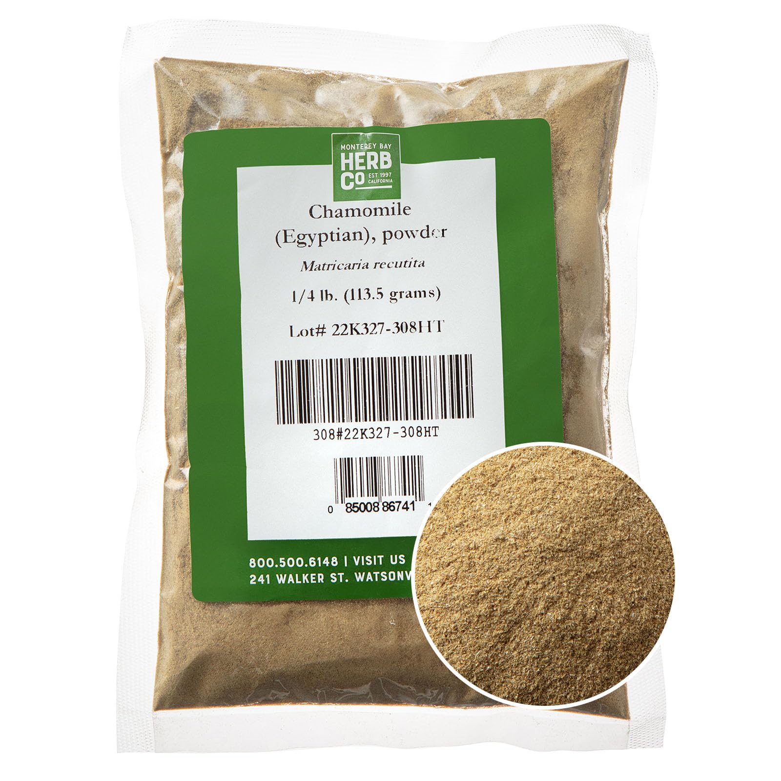 MONTEREY BAY HERB CO Egyptian Chamomile Powder packaging shown for versatile beauty and kitchen use.