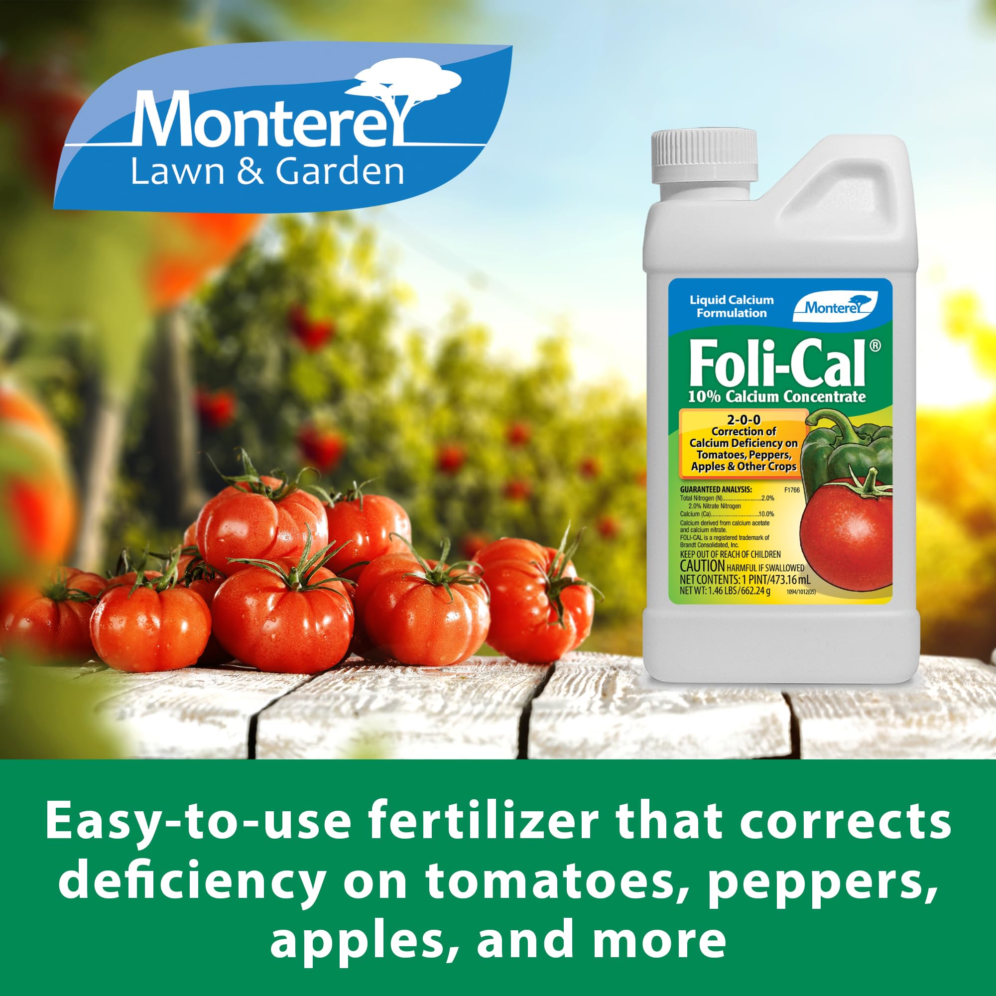 Closeup of Foli-Cal concentrate with measuring spoon for precise application on tomatoes and peppers.