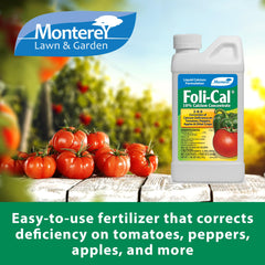Closeup of Foli-Cal concentrate with measuring spoon for precise application on tomatoes and peppers.