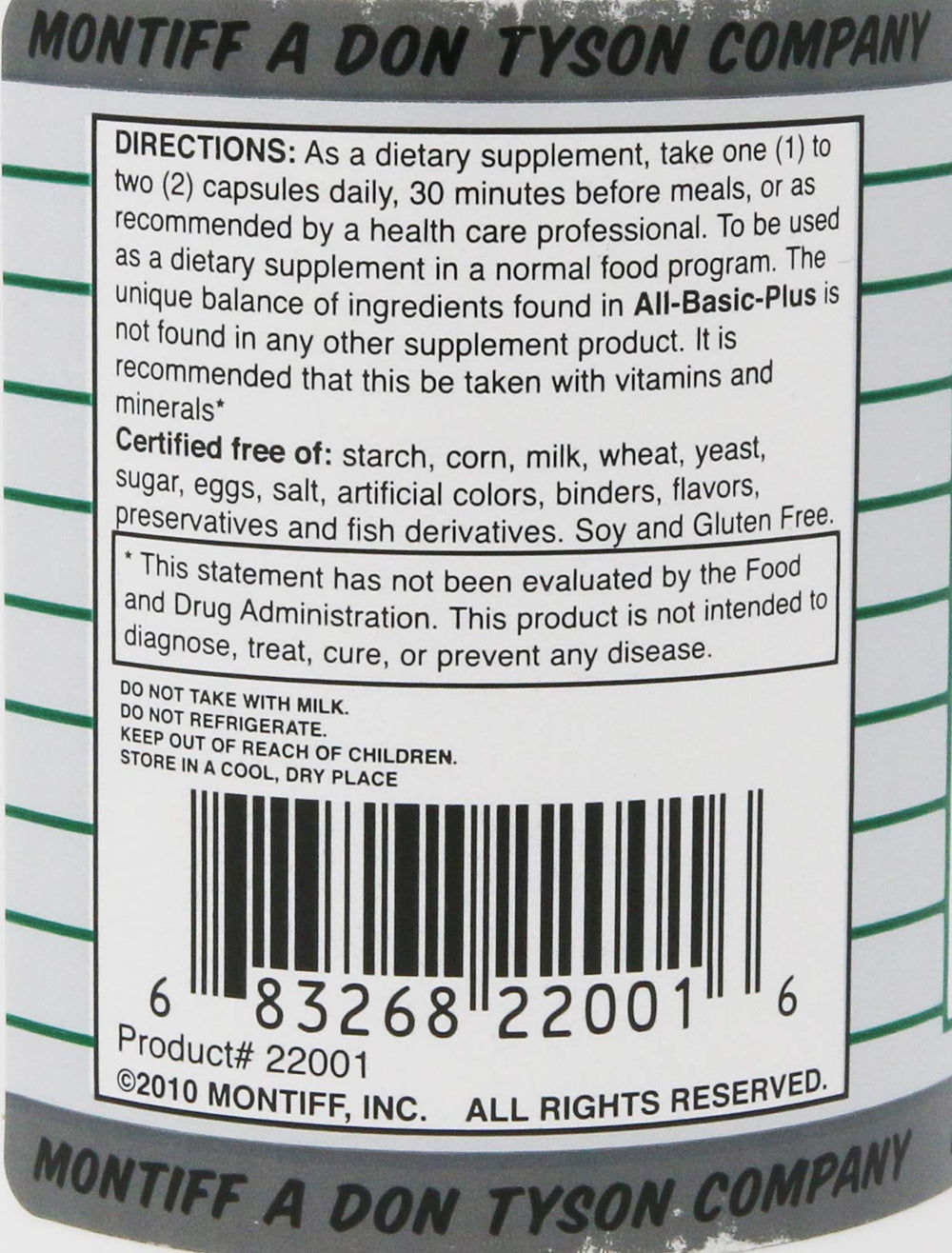Montiff All-Basic-Plus 750 mg bottle label with ingredients overview.
