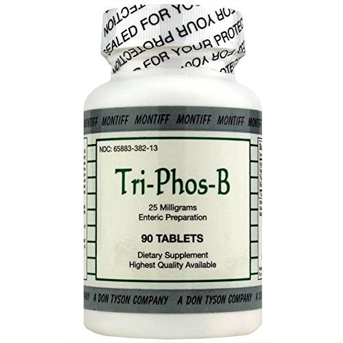 Montiff Tri-Phos-B bottle with 90 enteric-coated tablets for daily B vitamin support.