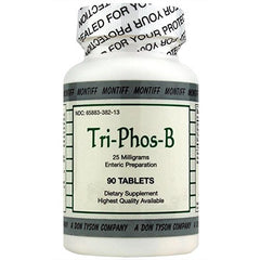 Montiff Tri-Phos-B bottle with 90 enteric-coated tablets for daily B vitamin support.