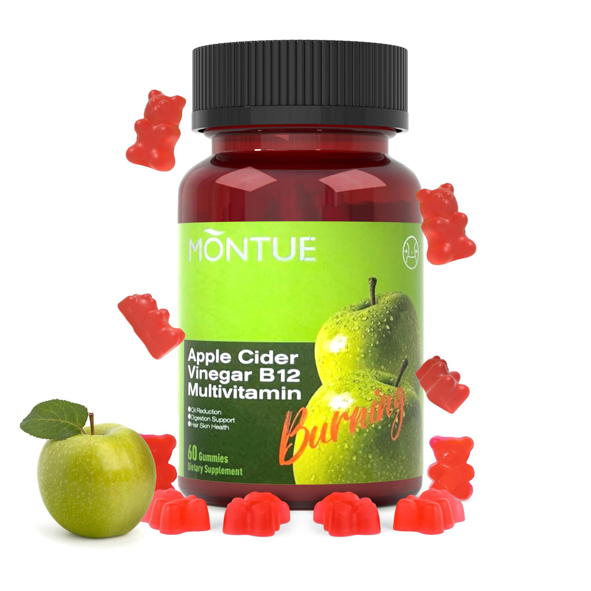Montue Apple Cider Vinegar Gummies with B12 bottle close-up for daily wellness.