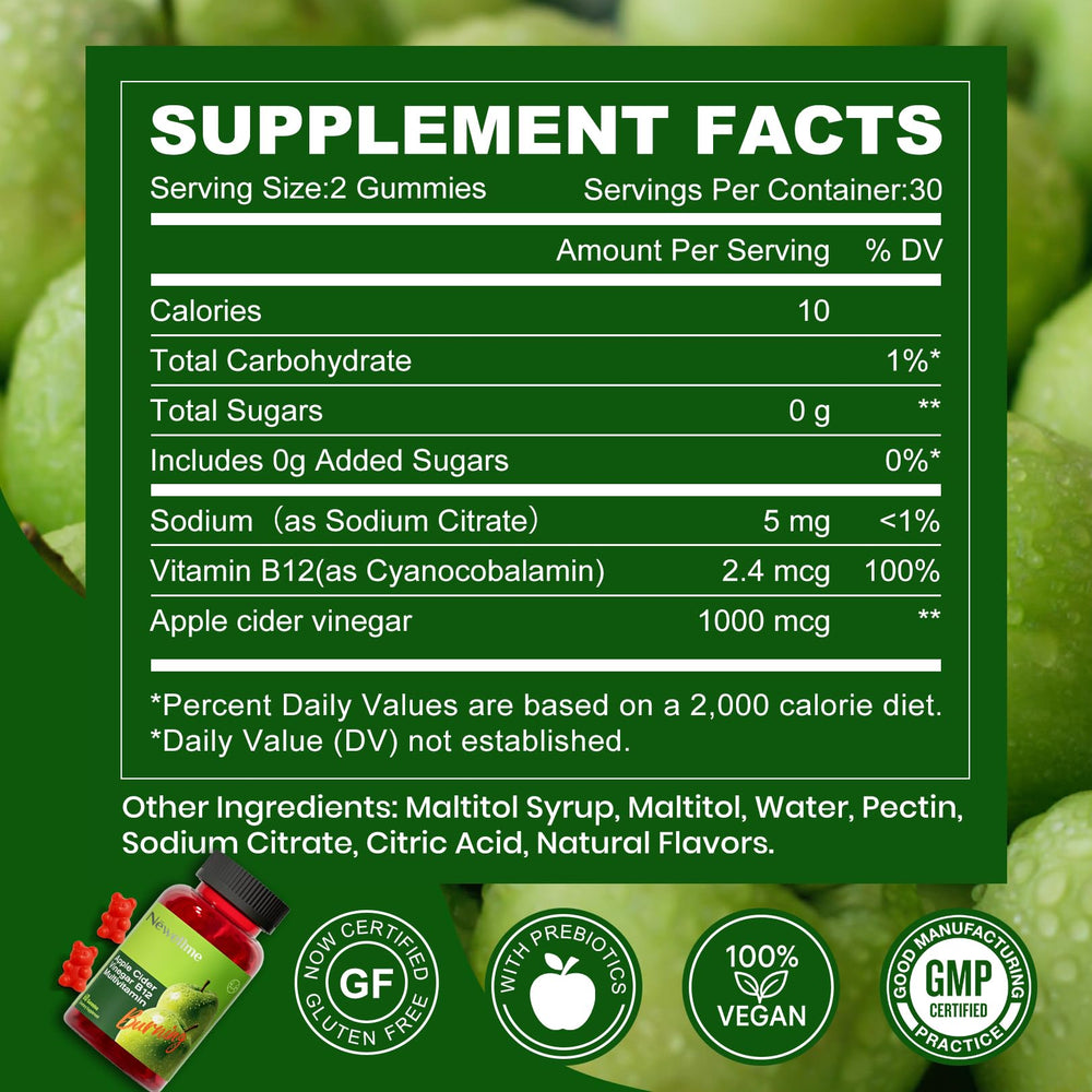 Montue NewellMe ACV Gummies bottle side reveals 44 mg ACV per serving.