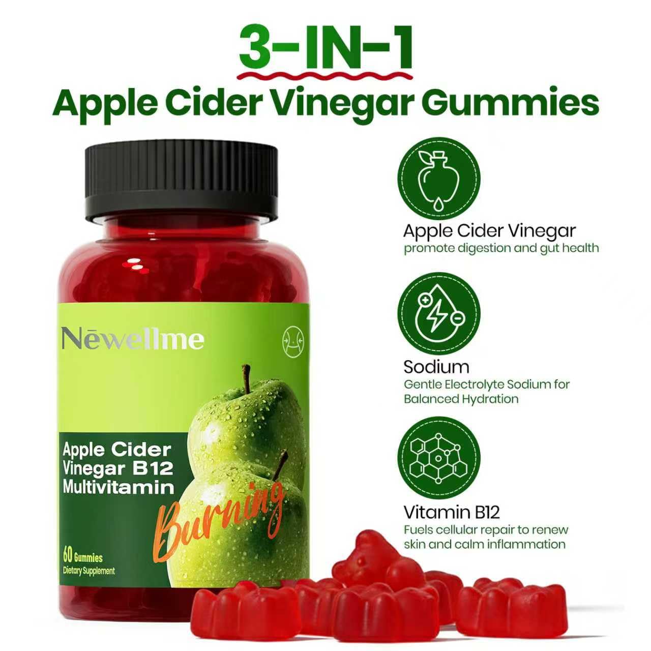 Montue NewellMe ACV Gummies closeup of gummies with natural apple flavor.
