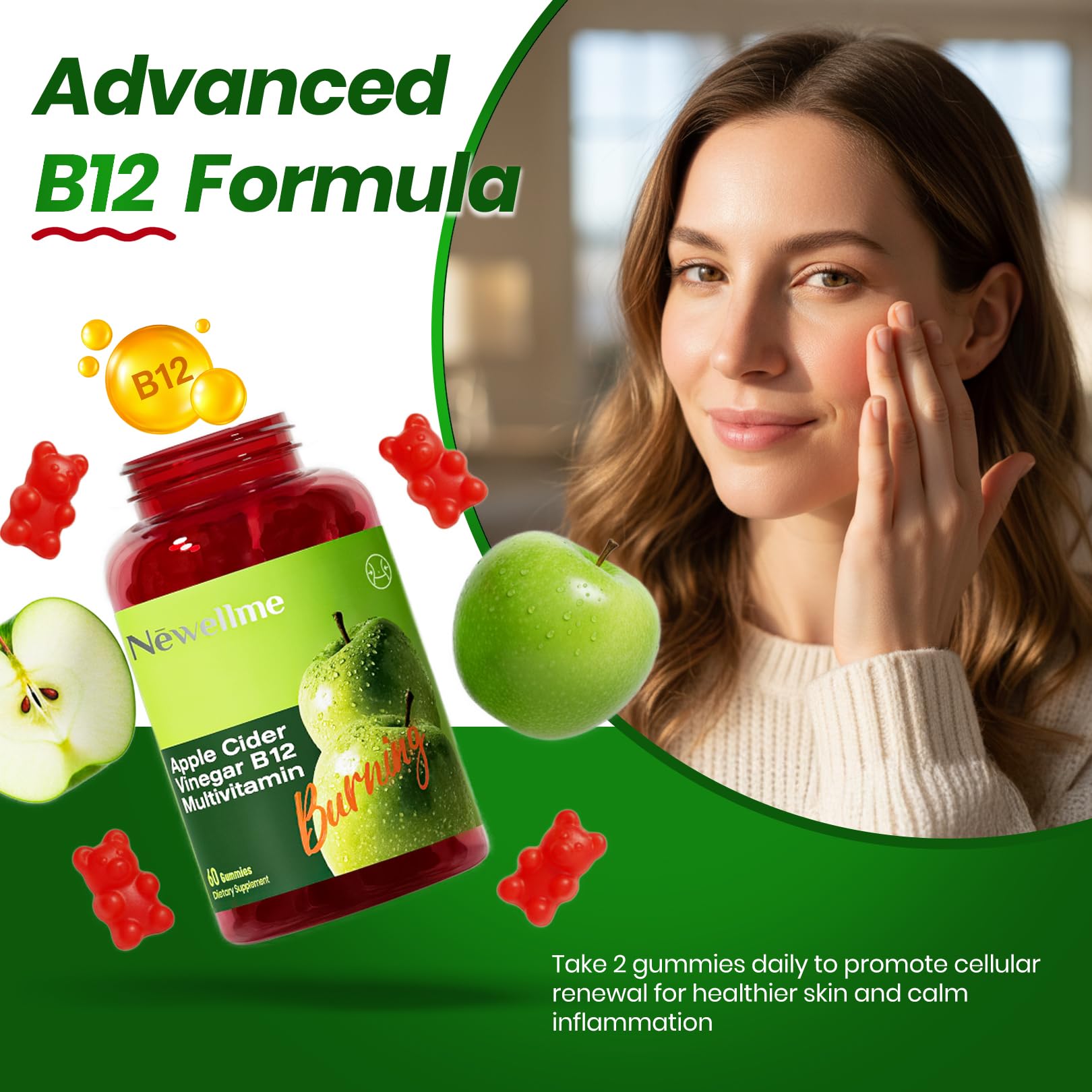 Montue NewellMe ACV Gummies nutrition label showcasing non-GMO gluten-free vitamins.