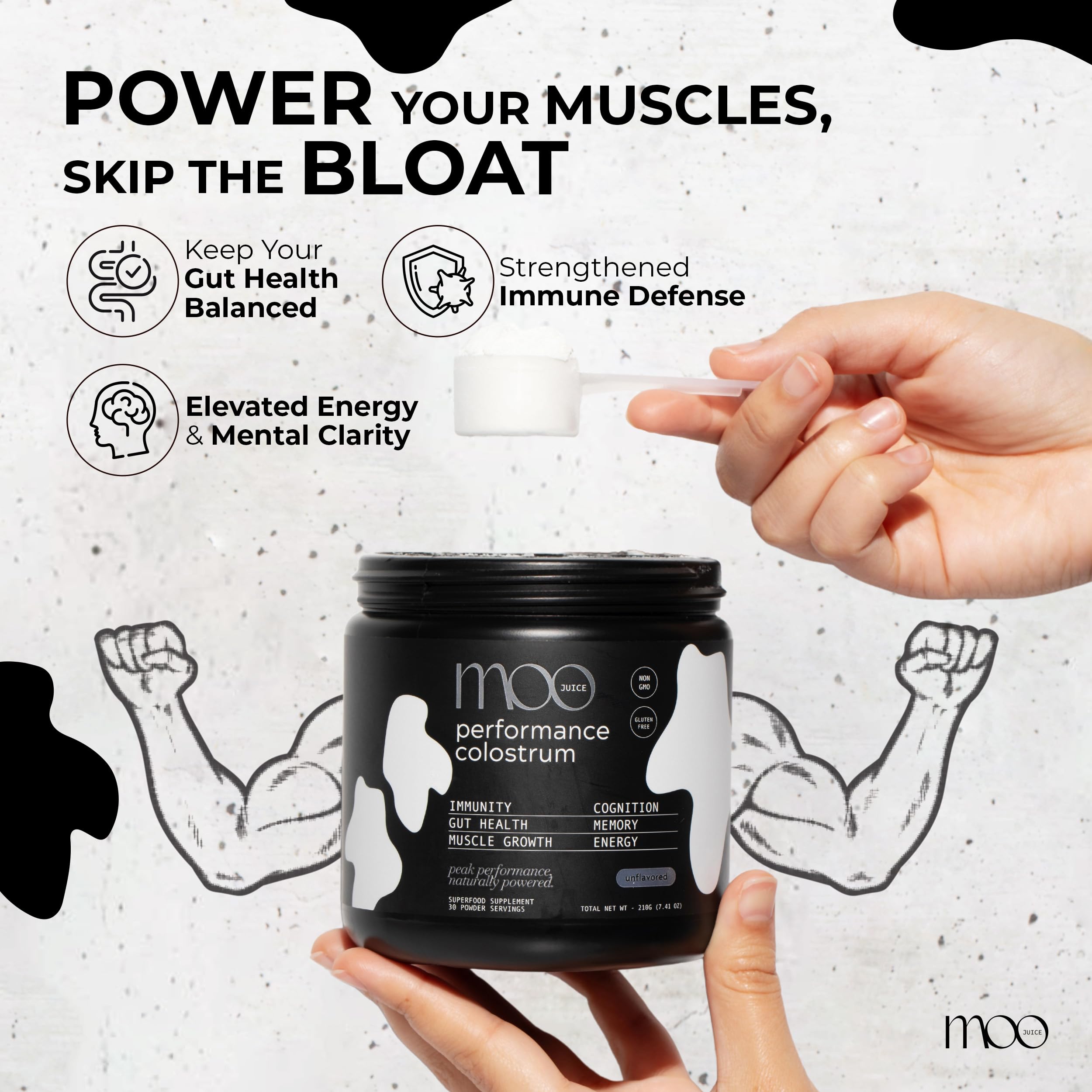 Product in a gym setting suggesting post-workout routine with Moo Juice Colostrum Powder.