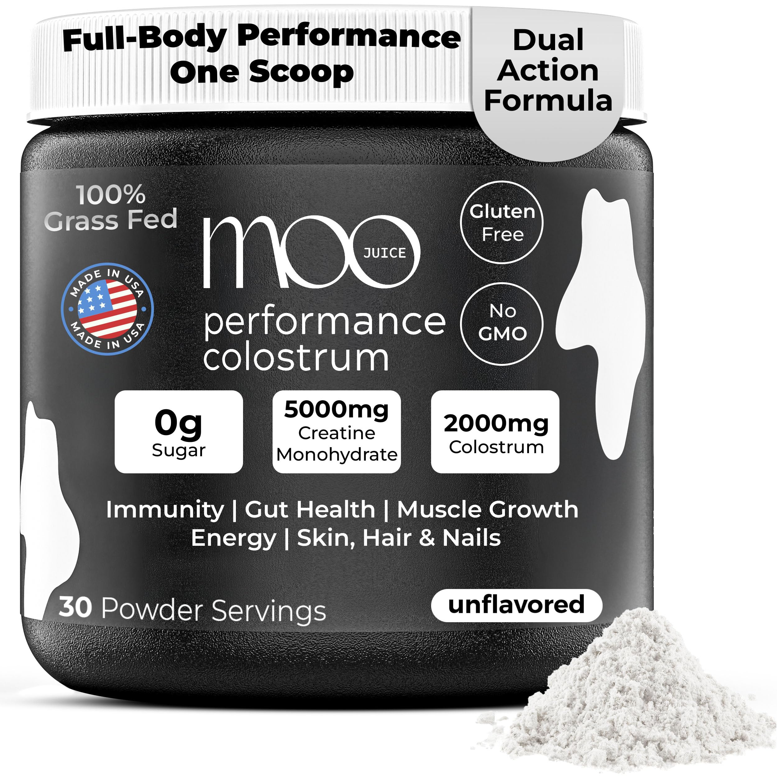 Moo Juice Colostrum Powder front label highlighting grass-fed sourcing and non-GMO quality.