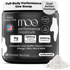 Moo Juice Colostrum Powder front label highlighting grass-fed sourcing and non-GMO quality.