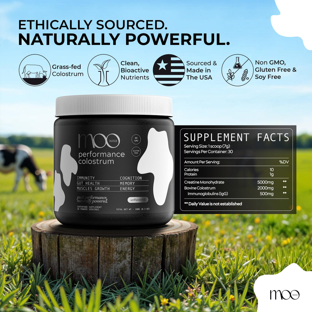 Nutrition panel on Moo Juice Colostrum Powder highlights 2000mg colostrum and 5000mg creatine.