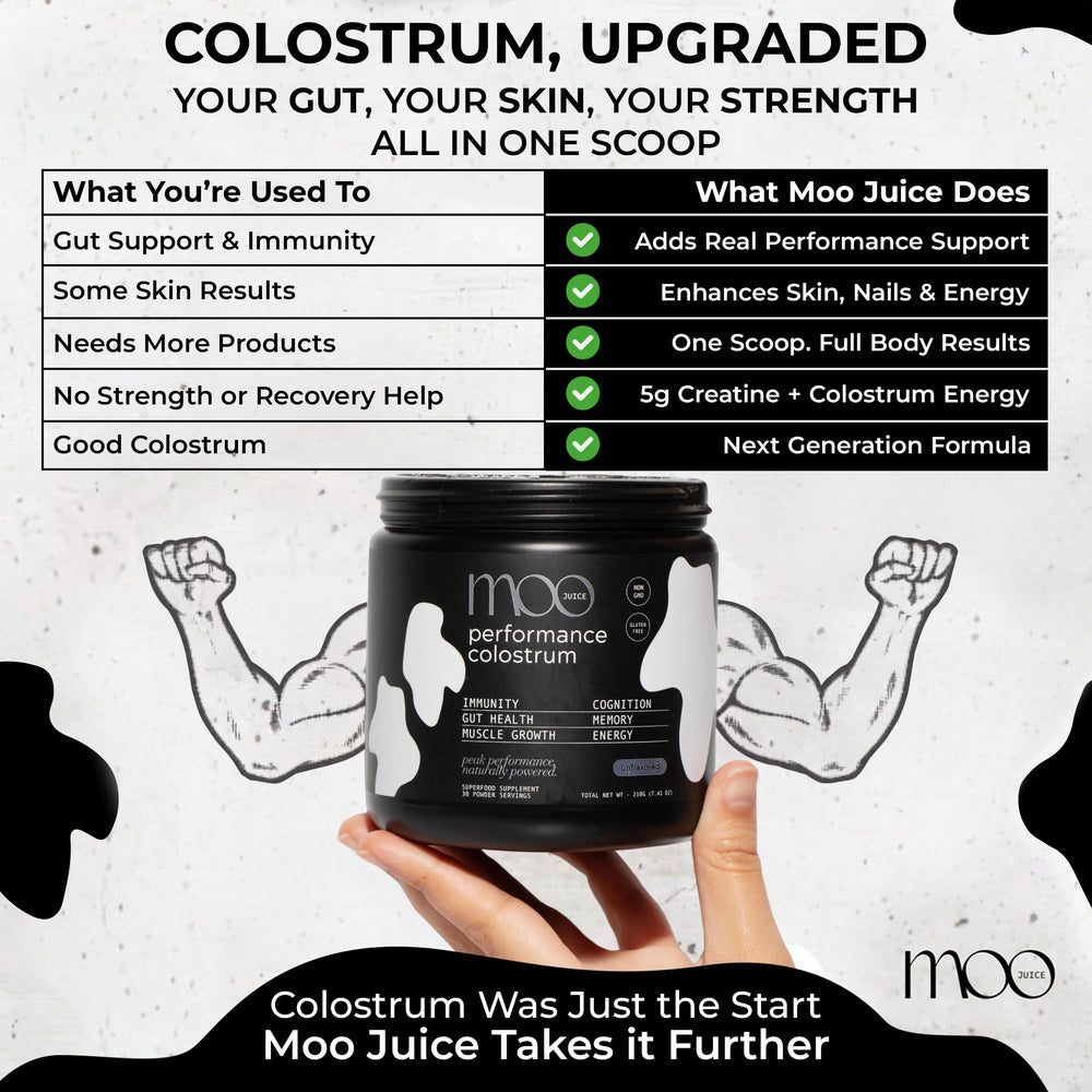 Scoop of Moo Juice Colostrum Powder ready to mix for daily energy.