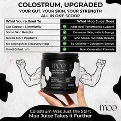 Scoop of Moo Juice Colostrum Powder ready to mix for daily energy.