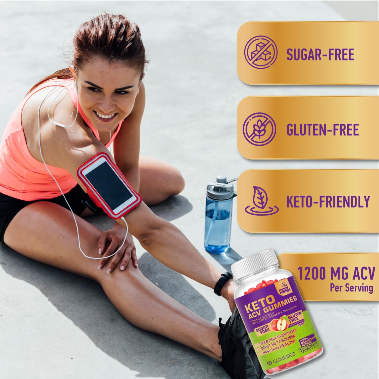 Mood Mingle Keto ACV Gummies label highlights gluten-free and keto-friendly branding.