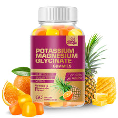 Mood Mingle Potassium Magnesium Glycinate Gummies bottle viewed, vegan and gluten-free daily wellness support