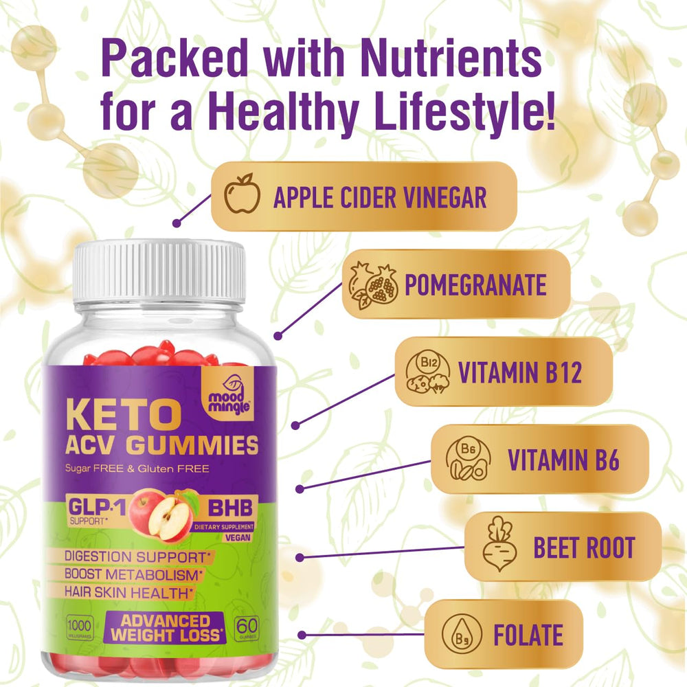 Mood Mingle Keto ACV Gummies gluten-free label communicates keto-friendly choice.