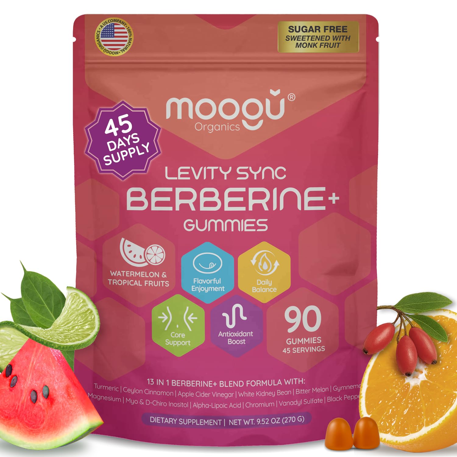 The Moogu Organics Berberine Mega Formula gummies bottle shows convenient daily on-the-go support.