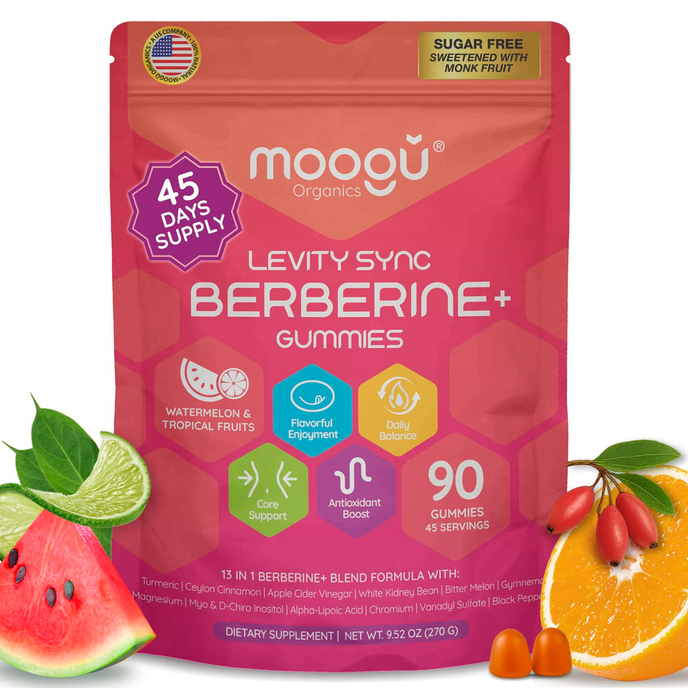 The Moogu Organics Berberine Mega Formula gummies bottle shows convenient daily on-the-go support.