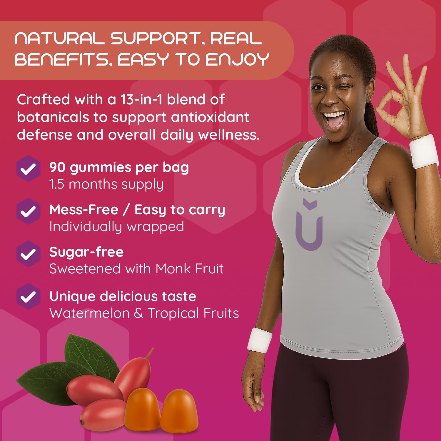 Moogu Organics Berberine Mega Formula gummies flavor closeup showcases watermelon-tropical hue.