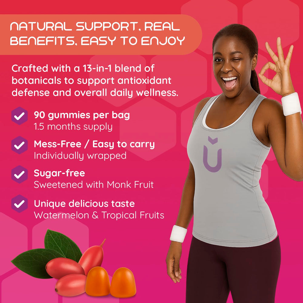 Moogu Organics Berberine Mega Formula gummies flavor closeup showcases watermelon-tropical hue.