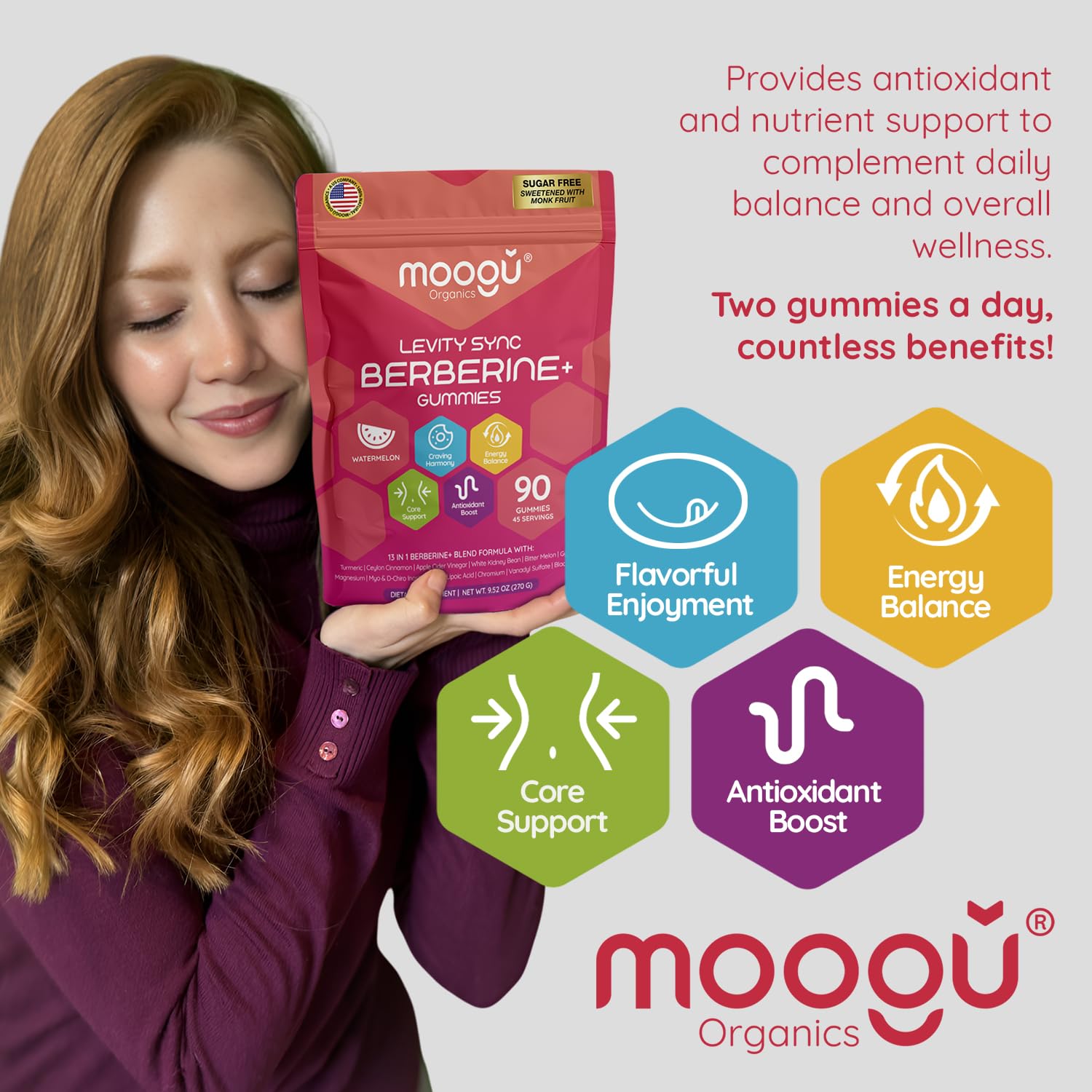 Lab testing certificates are visible for Moogu Organics Berberine Mega Formula gummies.