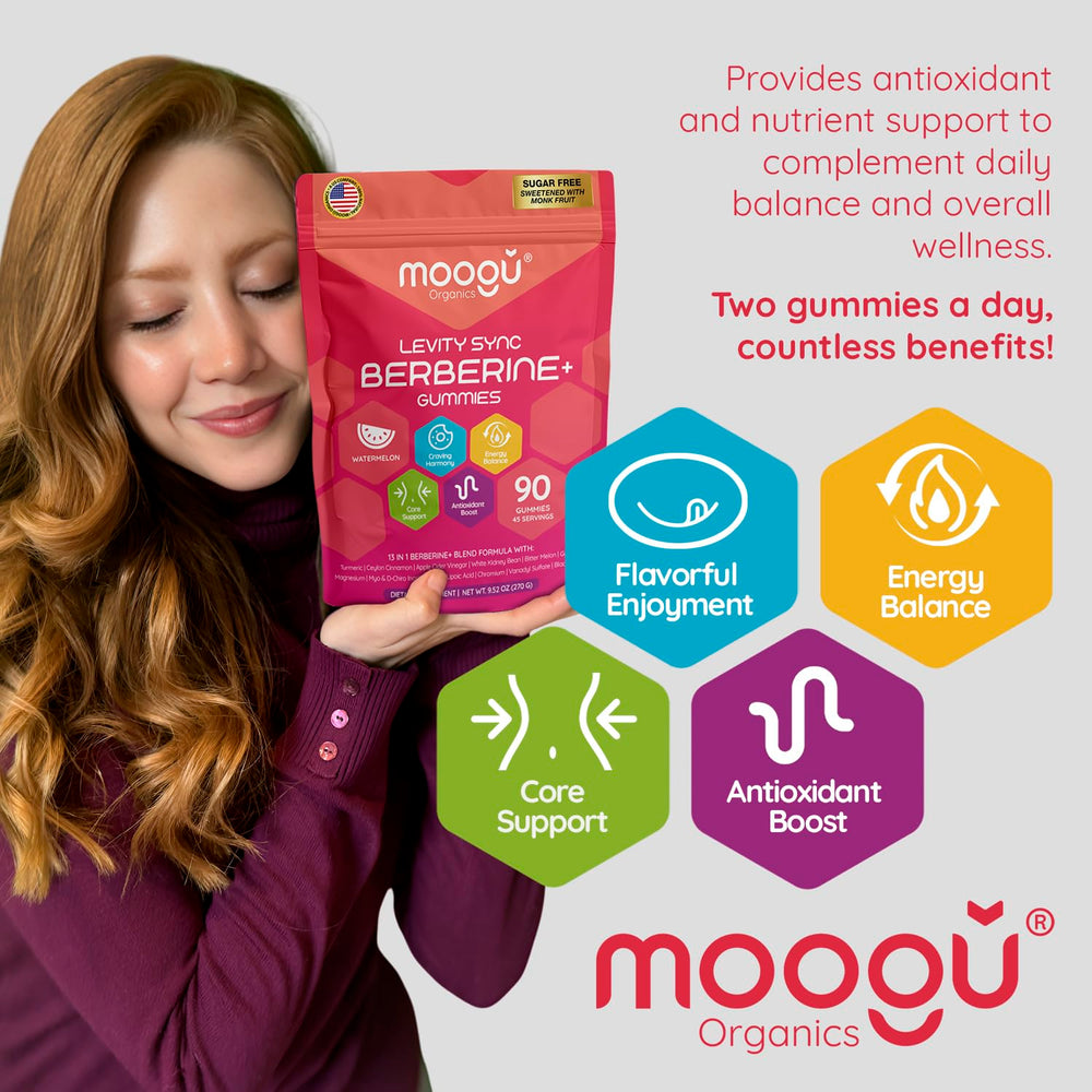 Lab testing certificates are visible for Moogu Organics Berberine Mega Formula gummies.