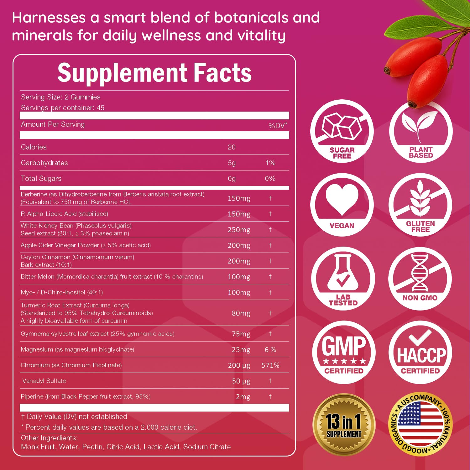 Moogu Organics Berberine Mega Formula gummies label closeup highlights purity and quality ingredients.
