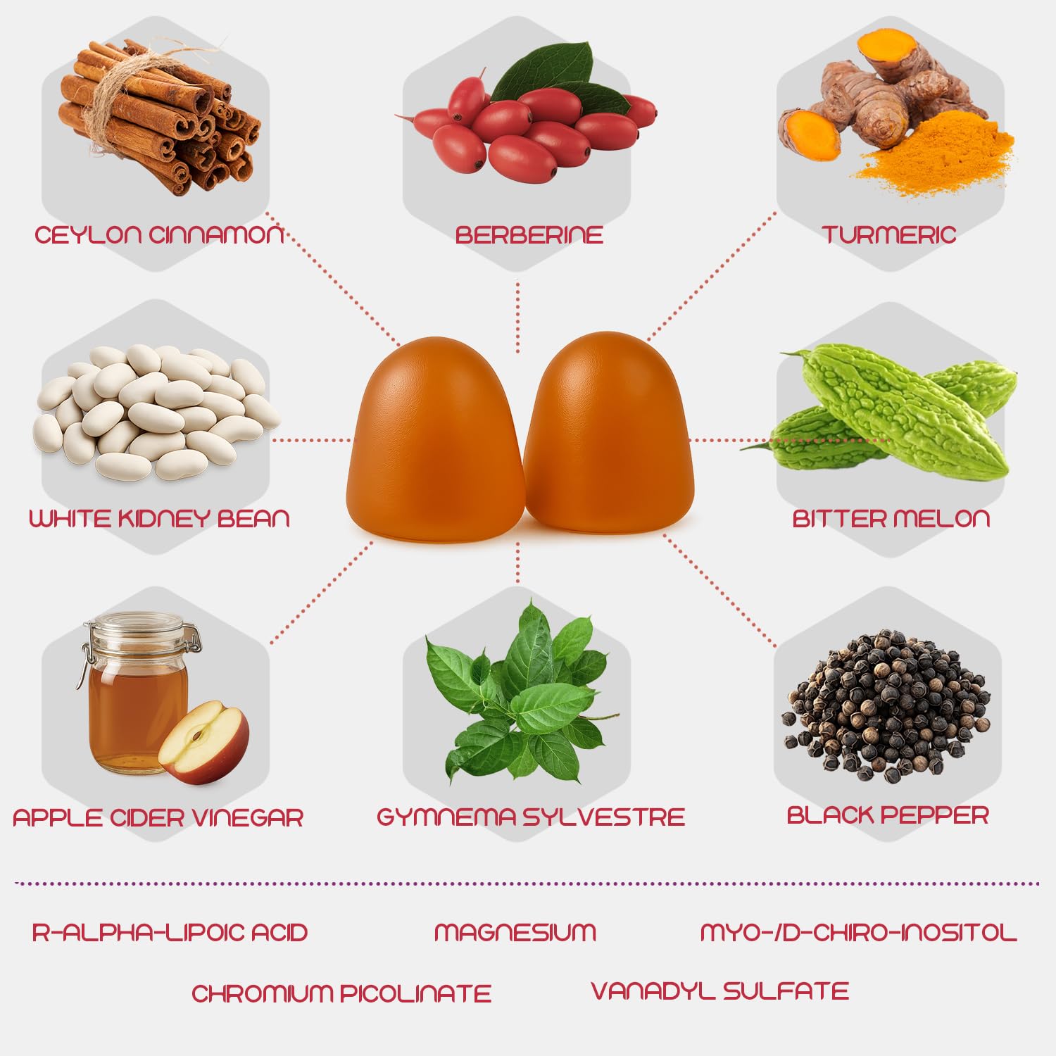 The texture closeup of Moogu Organics Berberine Mega Formula gummies reveals chewy fruit pieces.
