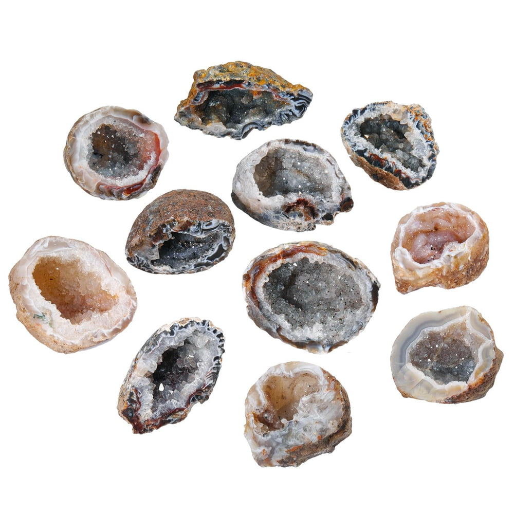 Mookaitedecor natural geode crystal cluster with vibrant color patterns on shelf