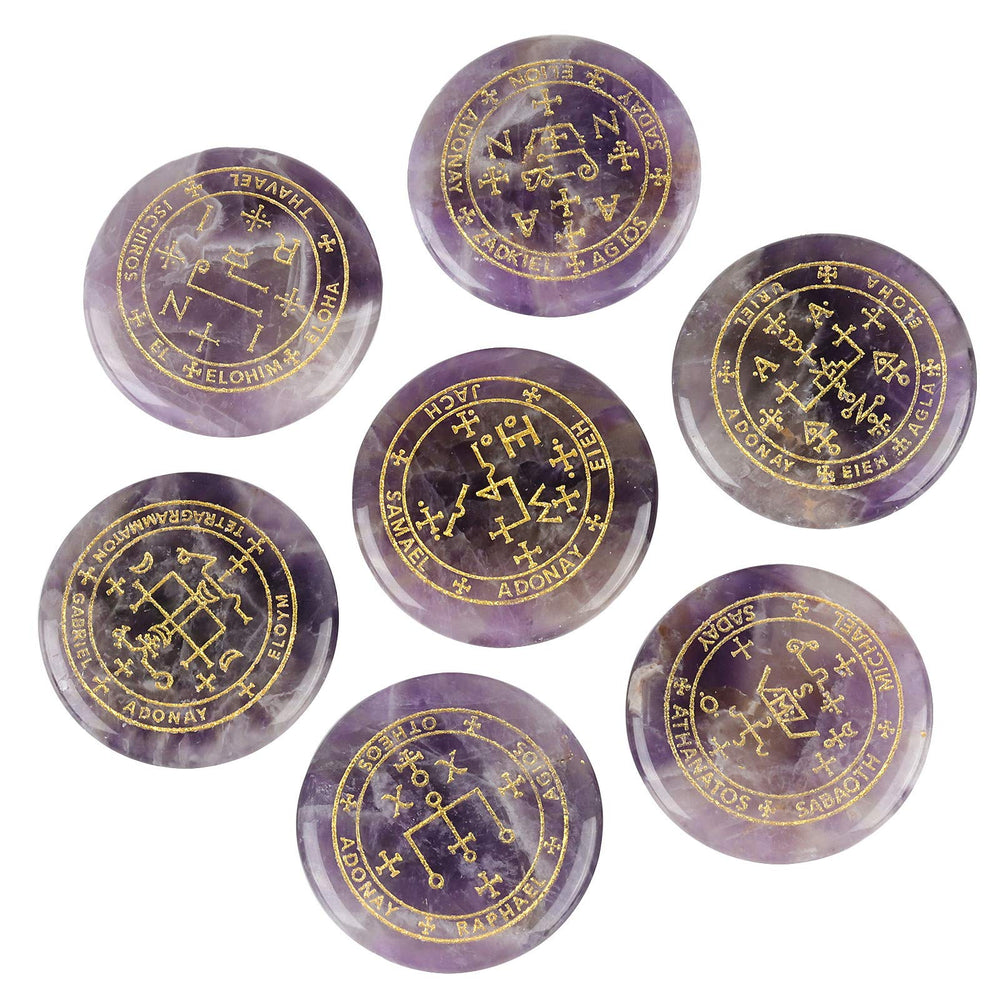 Mookaitedecor amethyst archangel palm stone engraved for meditation and focus.