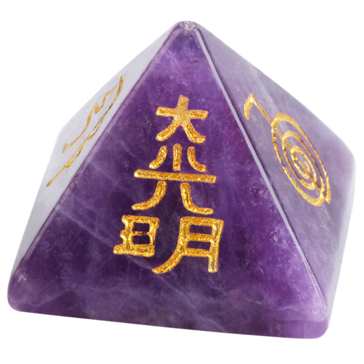 Mookaitedecor amethyst pyramid close-up shows Reiki symbols for easy reference.