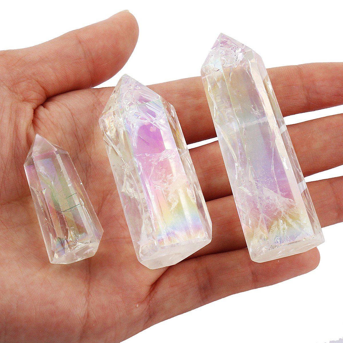 Mookaitedecor angel aura quartz wand with titanium coating showing iridescence for energy work.