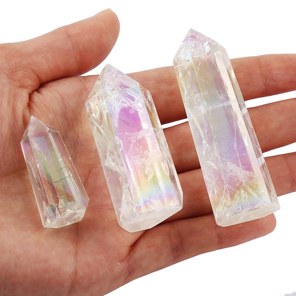 Mookaitedecor angel aura quartz wand with titanium coating showing iridescence for energy work.