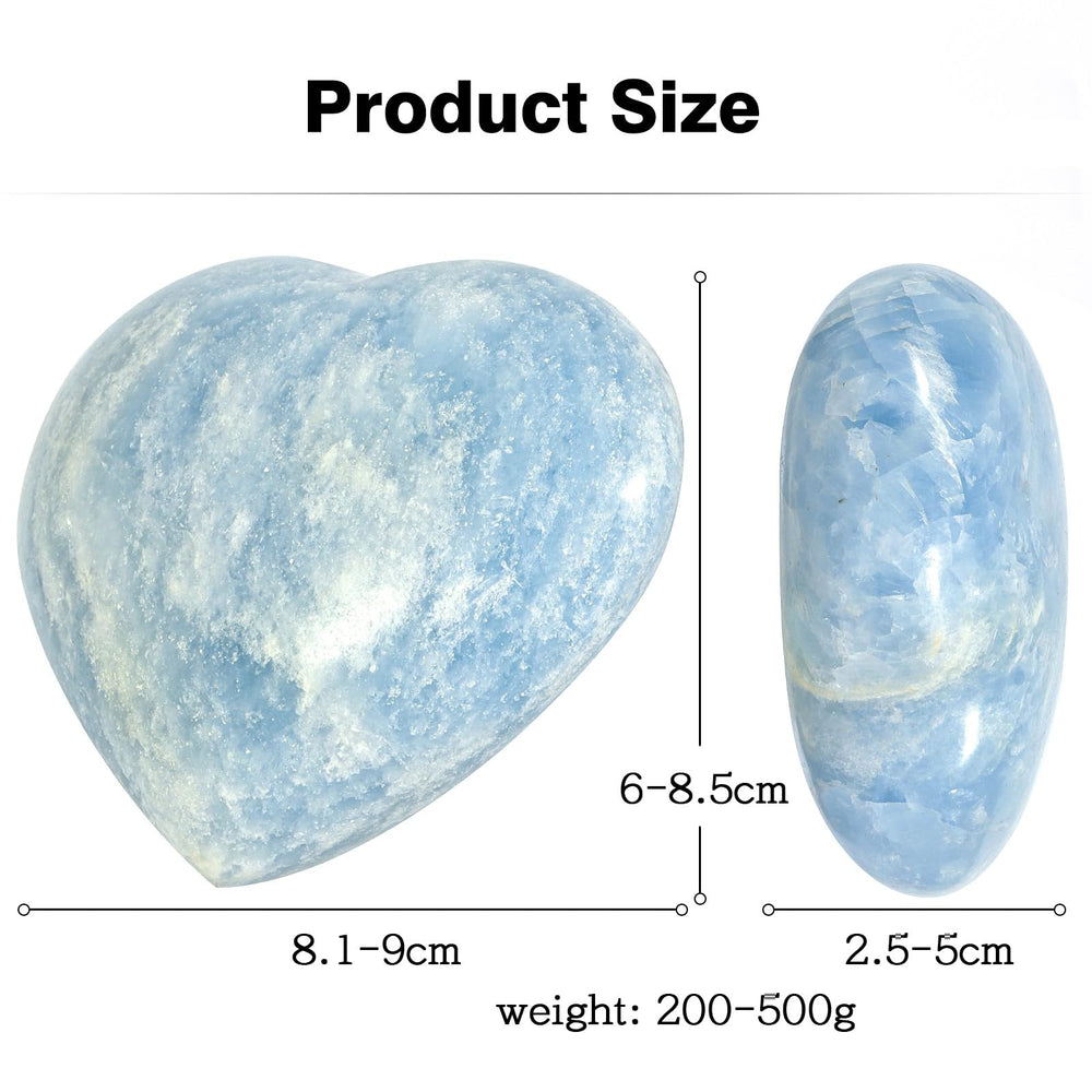 Blue celestite heart by Mookaitedecor resting on desk with soft light