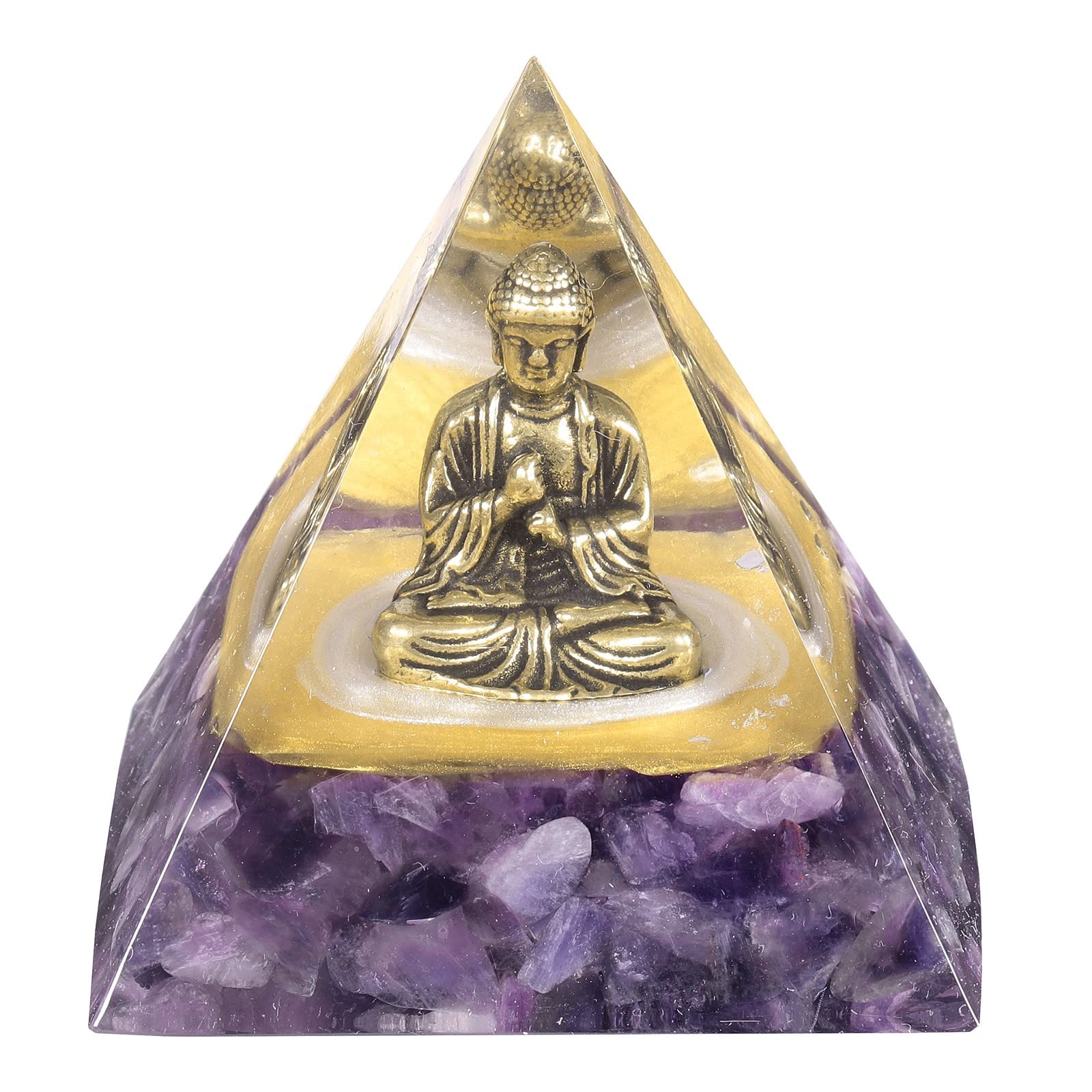 Mookaitedecor brass Buddha statue atop amethyst chips for meditation ambiance