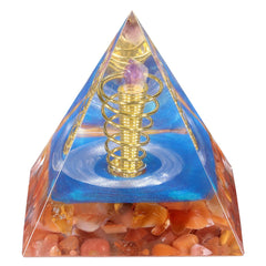 mookaitedecor carnelian pyramid with amethyst cluster and copper-wrapped wire for energy.