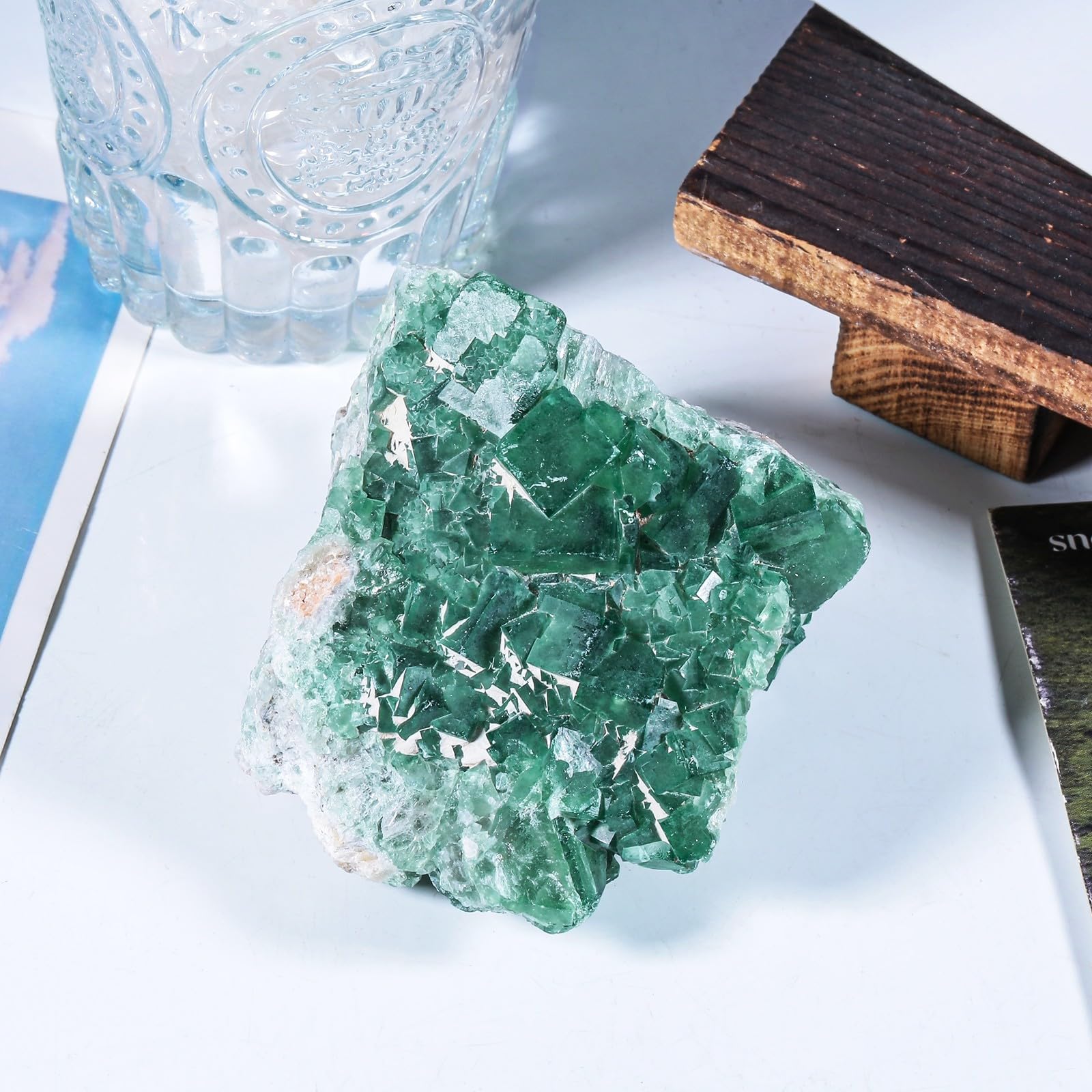 mookaitedecor fluorite crystal cluster on shelf, brings natural artistry to home or office
