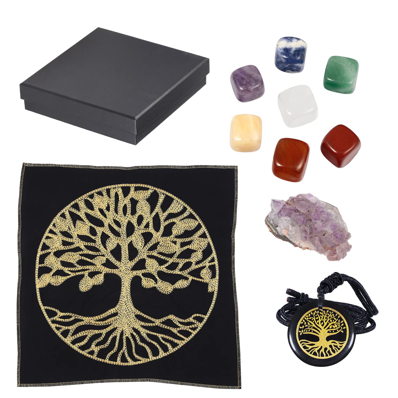 Mookaitedecor Healing Stones 7 Chakra Set arranged on an energy mat for meditation