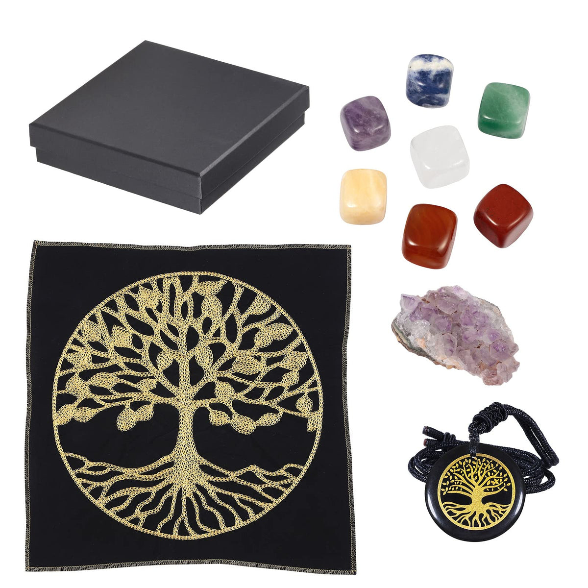Mookaitedecor Healing Stones 7 Chakra Set arranged on an energy mat for meditation