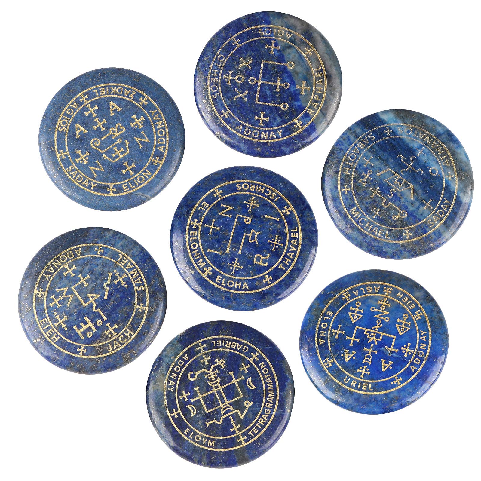 Mookaitedecor lapis lazuli palm stone with engraved Archangel symbol for meditation.