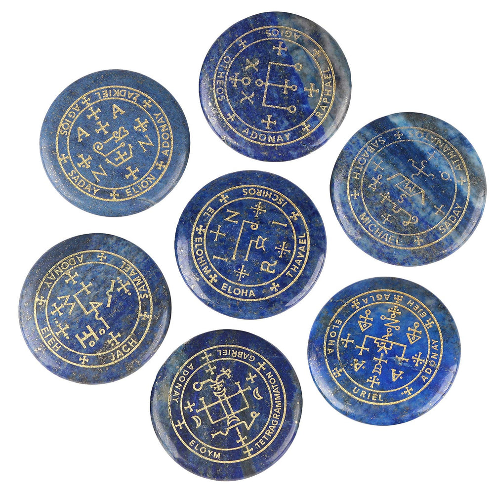 Mookaitedecor lapis lazuli palm stone with engraved Archangel symbol for meditation.
