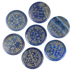 Mookaitedecor lapis lazuli palm stone with engraved Archangel symbol for meditation.