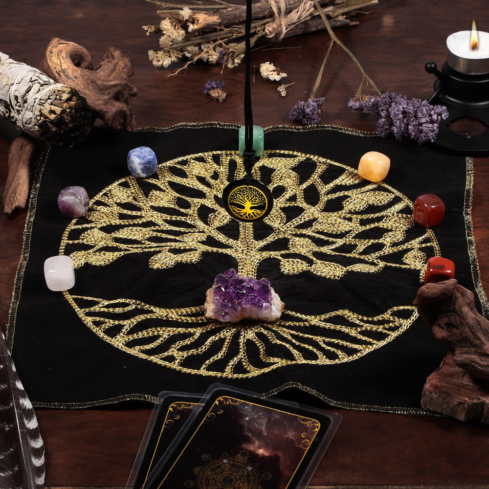 Mookaitedecor Obsidian Pendant with Tree of Life on mat aids grounding practice