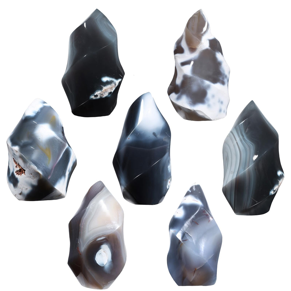 mookaitedecor Orca Agate Flame Tower, base detail shows stable, grounded design.