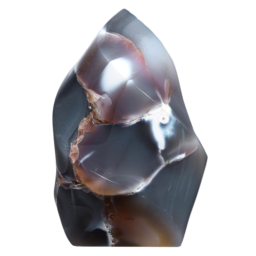 mookaitedecor Orca Agate Flame Tower, front view, enhances meditation ambiance with fiery energy.