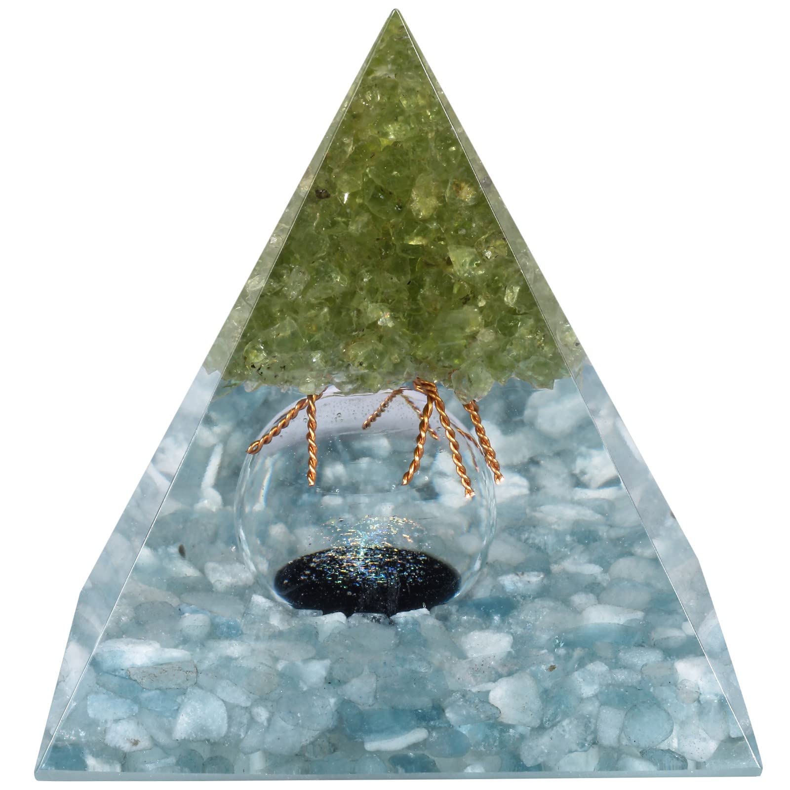 Mookaitedecor Peridot Tree of Life Pyramid with crystal ball enhances meditation focus.