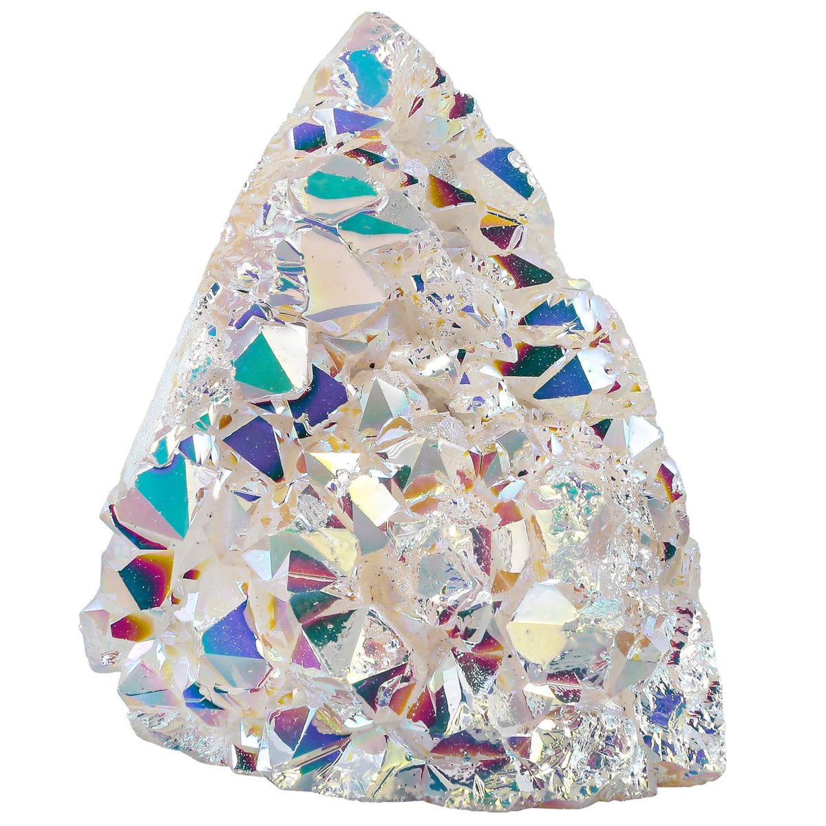 mookaitedecor titanium-coated white AB crystal cluster shines on a display shelf