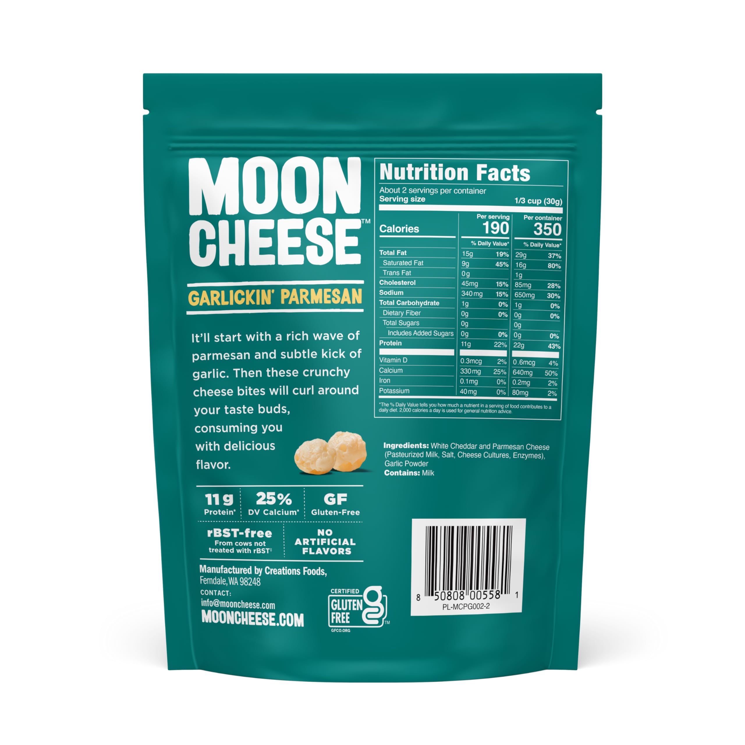 Moon Cheese Bocaditos Parmesanos con Ajo, envase visible, opción práctica para llevar.