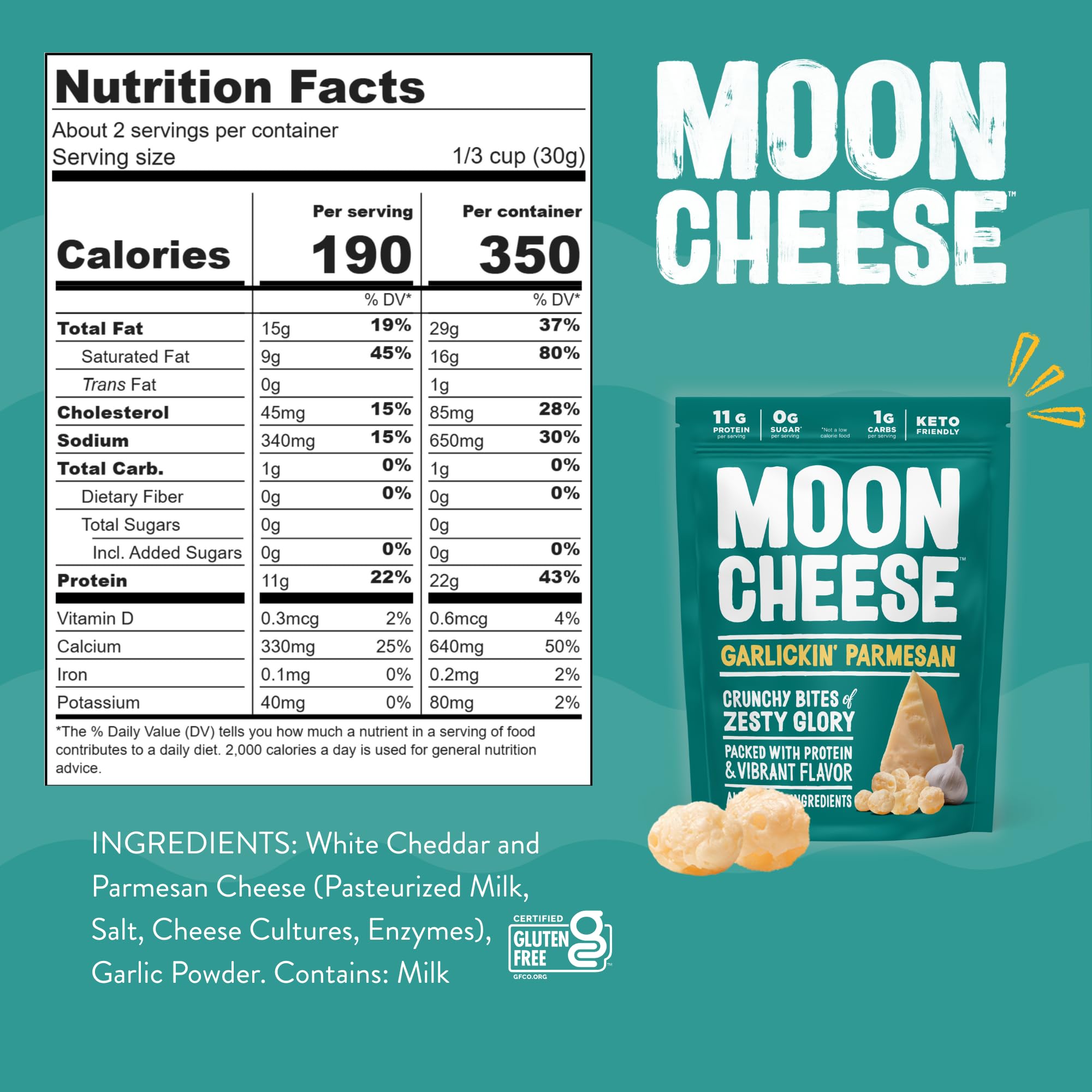Moon Cheese Bocaditos Parmesanos con Ajo, porciones crujientes, alto en proteína.