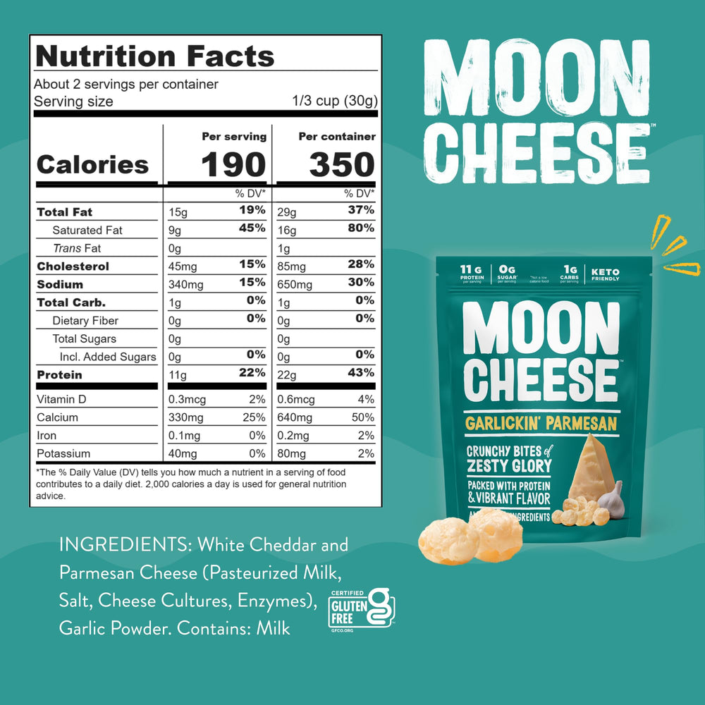Moon Cheese Bocaditos Parmesanos con Ajo, porciones crujientes, alto en proteína.
