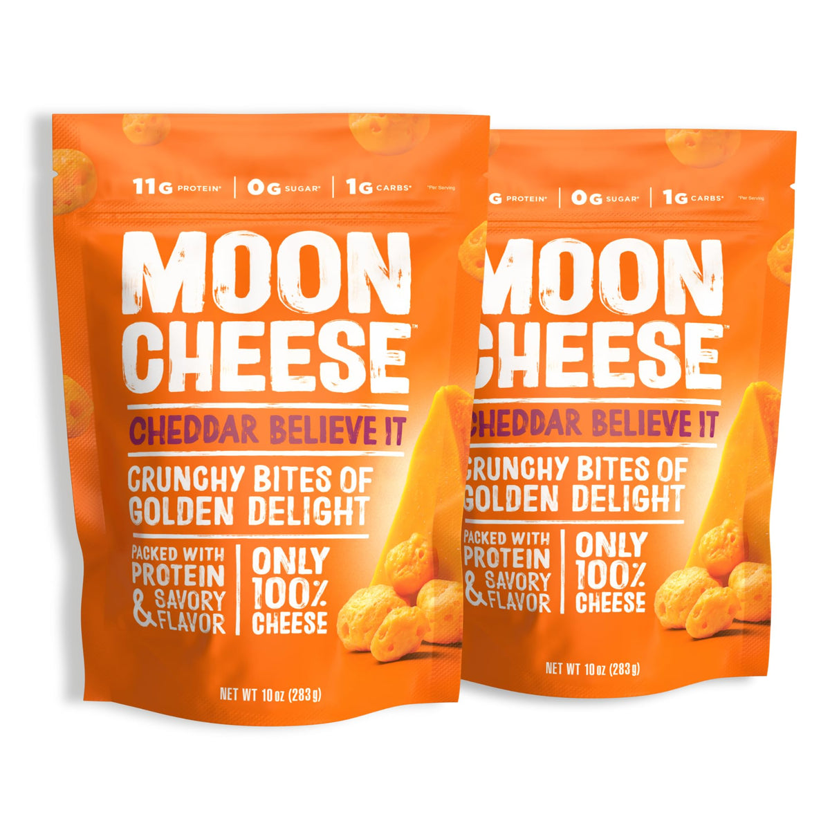 Moon Cheese Cheddar Believe It crunch bites show a bold crunchy texture for on-the-go protein